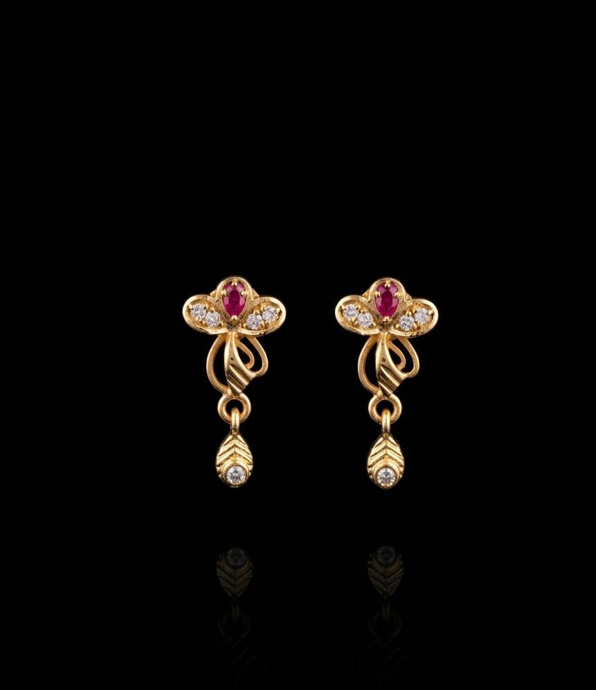 Gold Forming Baby Floral CZ & Ruby Leaf Drop Earrings
