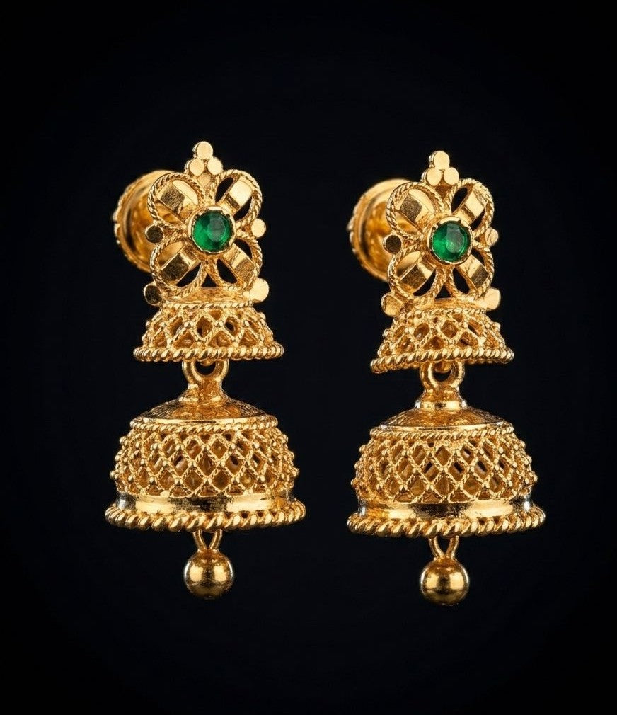 Micro Gold Forming Double Jhumka Earrings with Ruby Stone