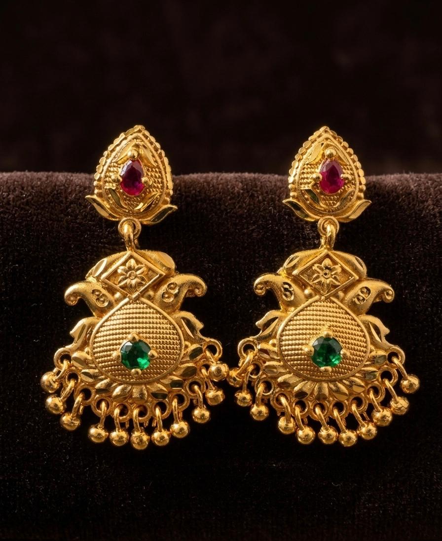 Gold Forming Chandbali Ruby & Emerald Ghungroo Drop Earrings | Bridal