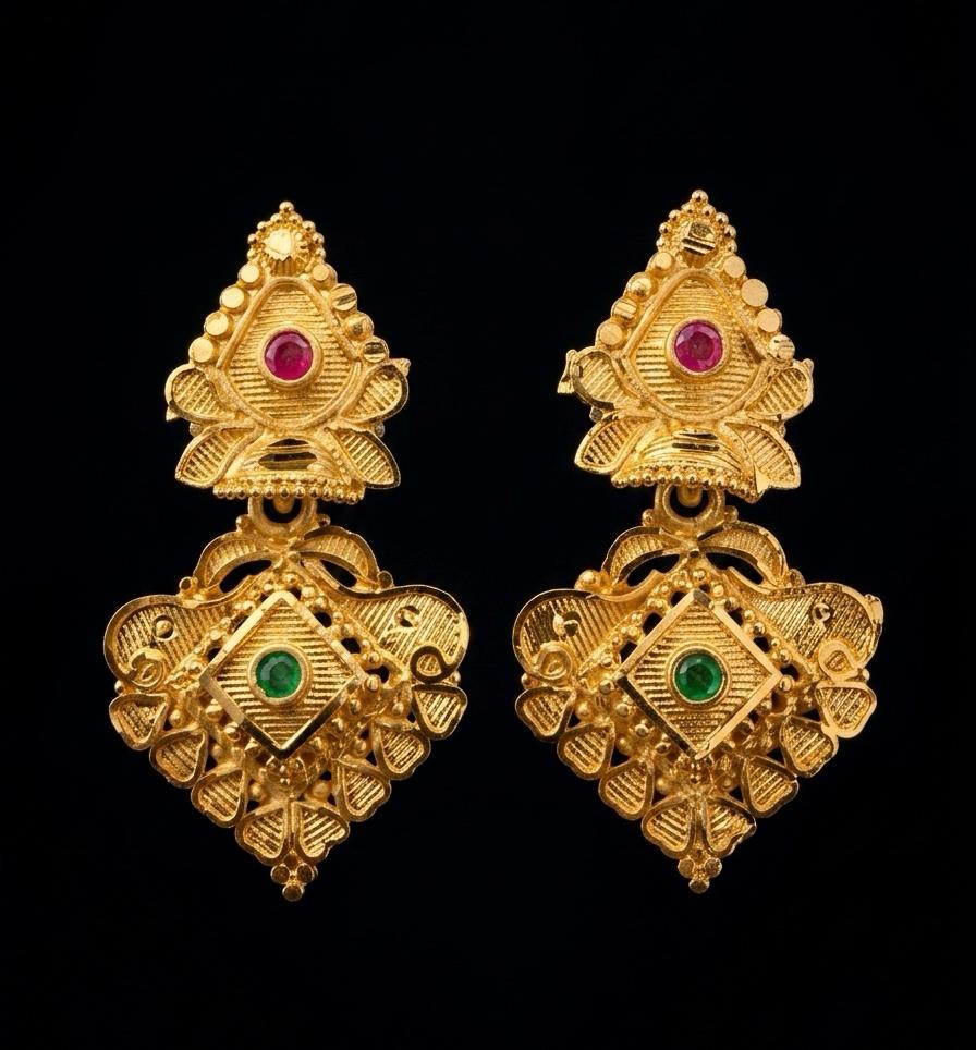 Gold Forming Diamond Filigree Drop Earrings | Ruby & Emerald | Screw Back