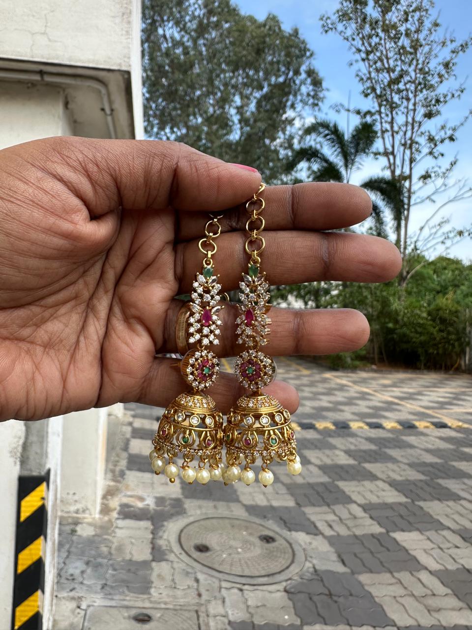Antique Gold Maattal Jhumka Earrings with Ruby, Emerald & Pearl Drops