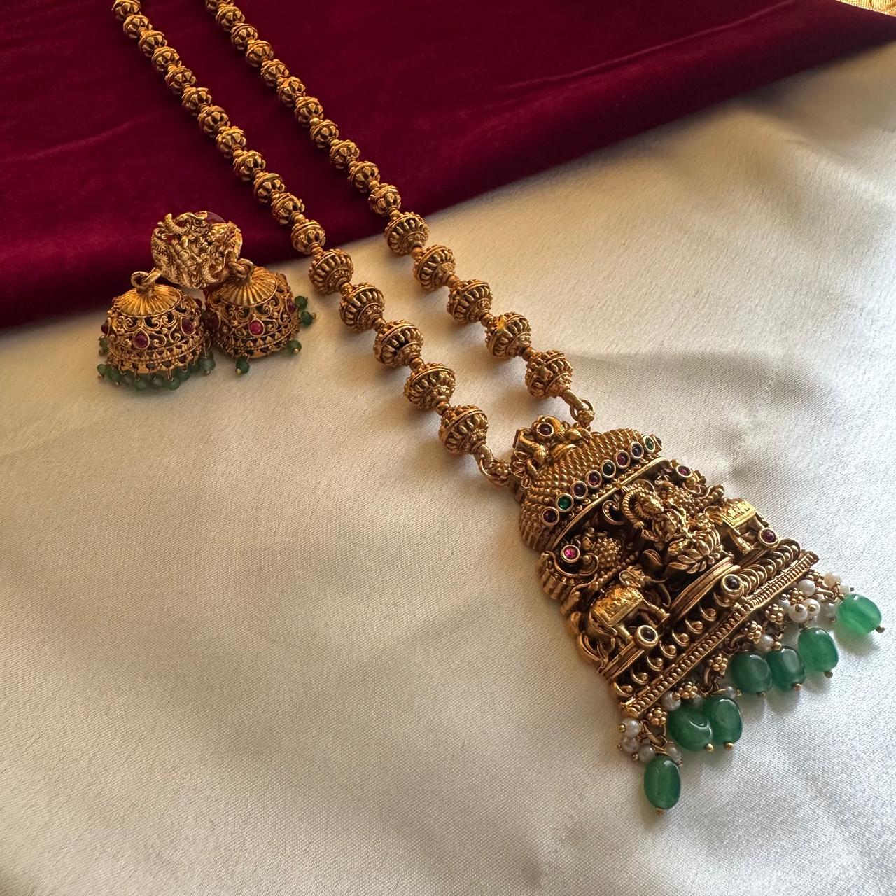 Antique Gold Temple Long Necklace Set with Jhumka Earrings