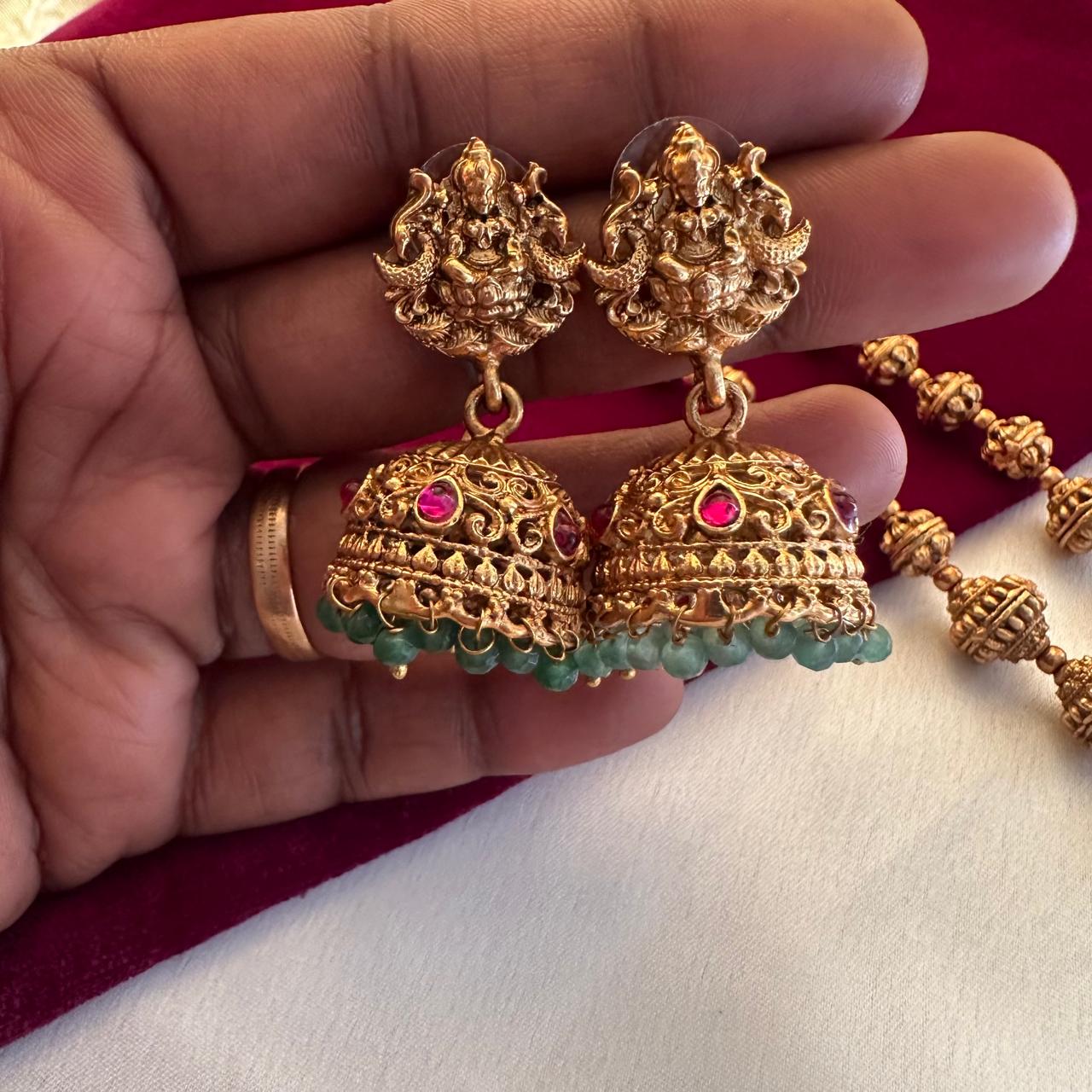 Antique Gold Temple Long Necklace Set with Jhumka Earrings