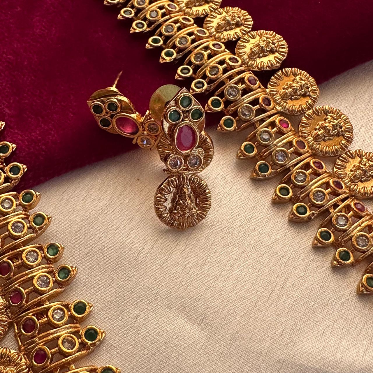 Lakshmi Kasu Mala Long Necklace Set with Earrings