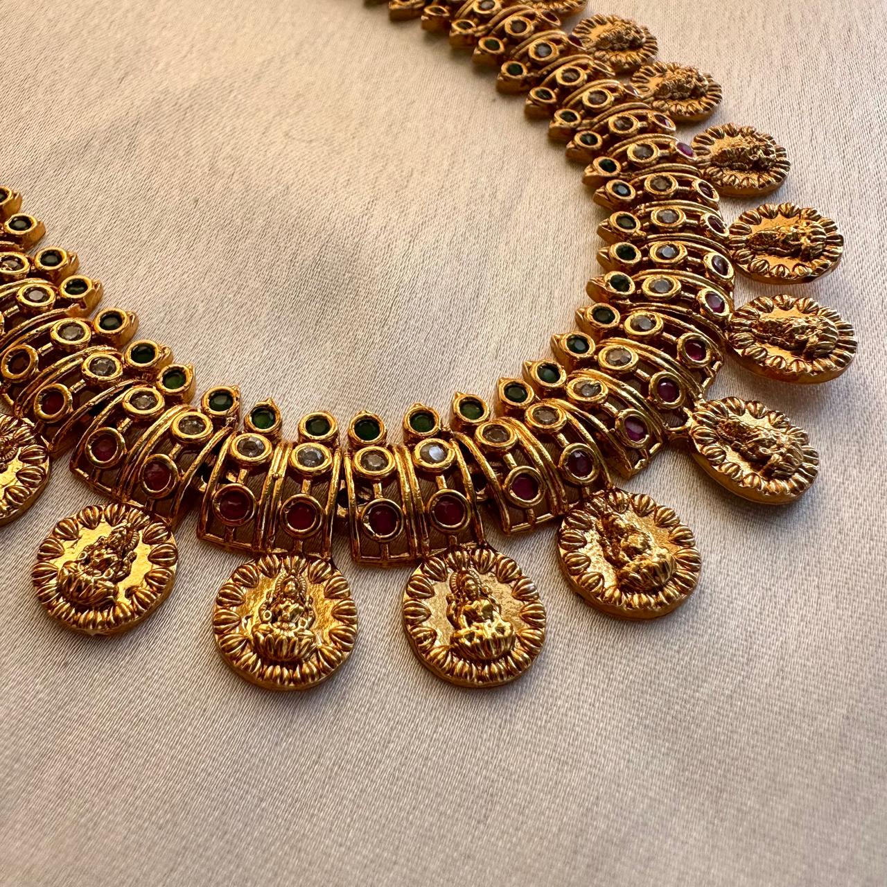 Lakshmi Kasu Mala Long Necklace Set with Earrings