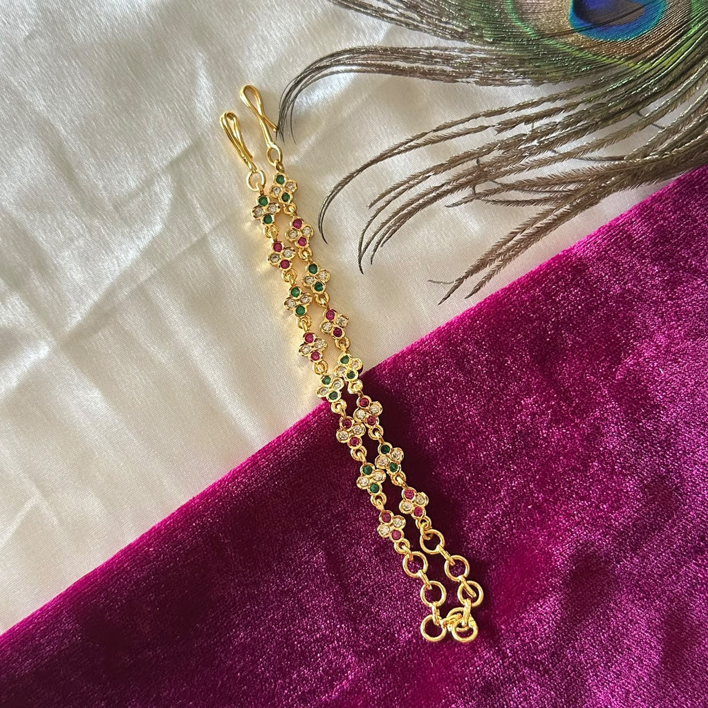 Panchaloham  Ear Chain Pair with Green & Pink Accents