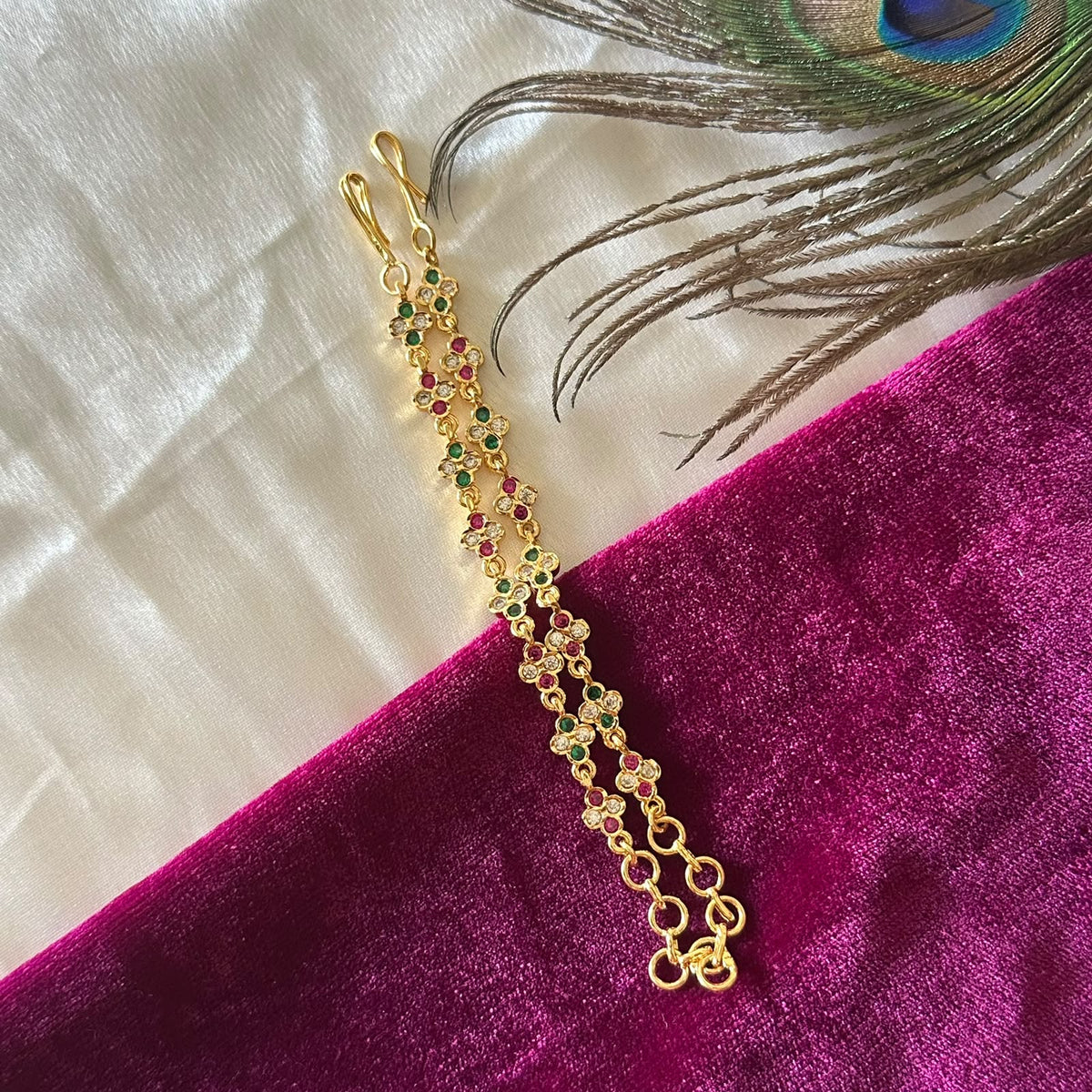 Panchaloham  Ear Chain Pair with Green & Pink Accents