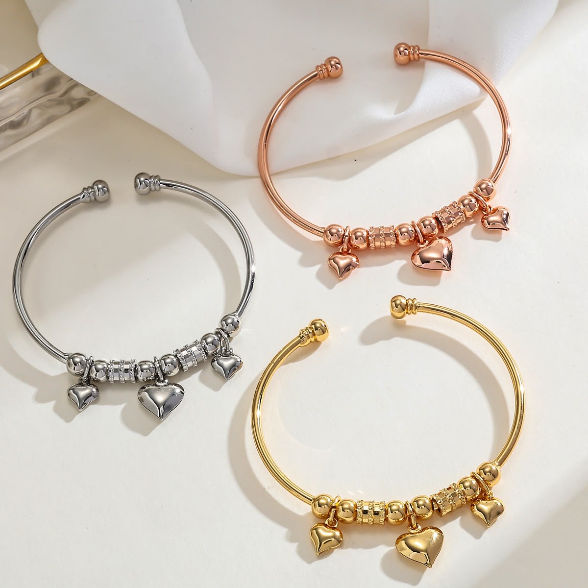 18K Gold Plated Rose-Gold-Tone Triple Heart Charm Cuff Bracelet (set of 3)