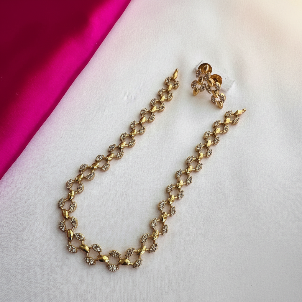 Beautified Gold CZ Necklace & Earrings – Pink & White Satin