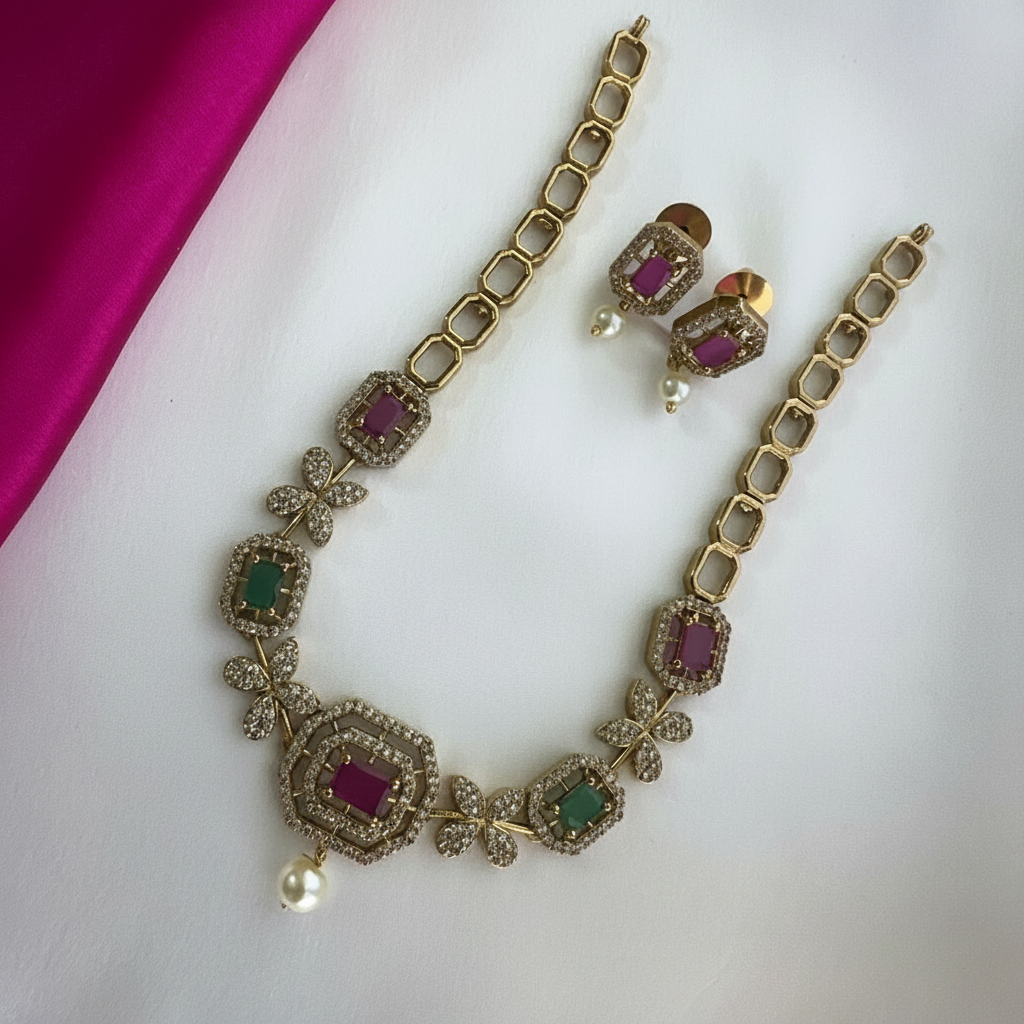 Beautified Ruby Emerald Pearl CZ Necklace Set – Premium