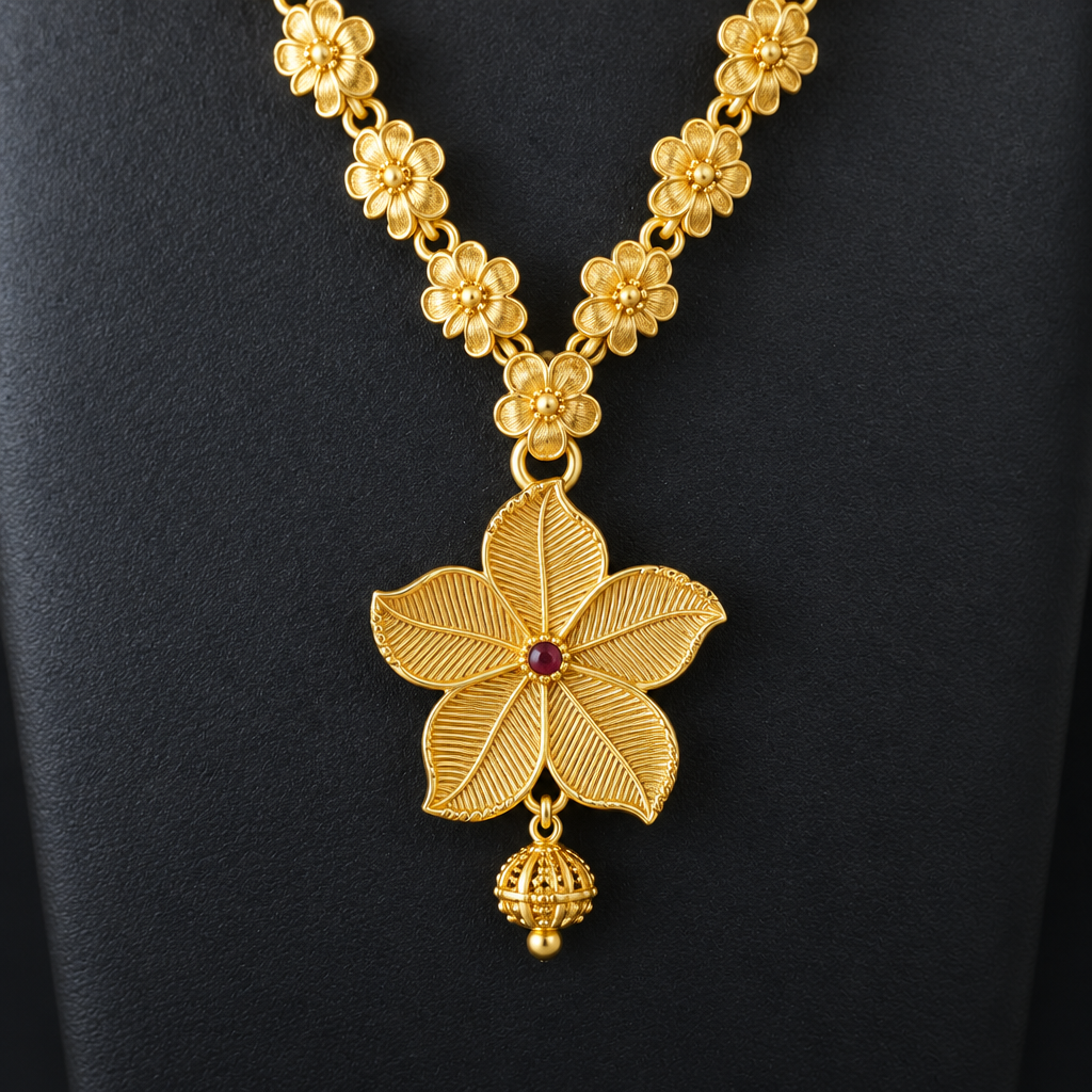 Close-up of the floral pendant
