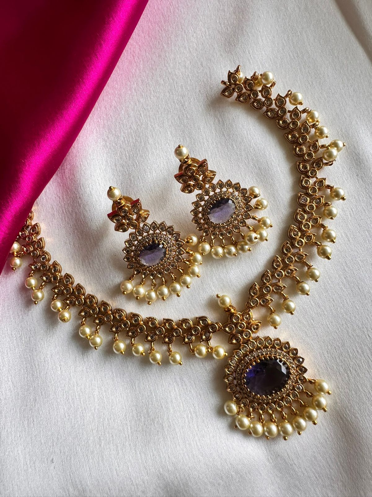Elegant Gold-Tone Kundan Necklace Set with Pearl Drops