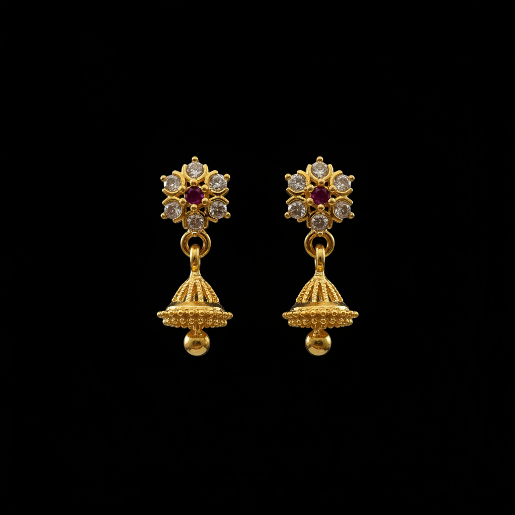 CZ Flower Jhumka earrings on pure black background