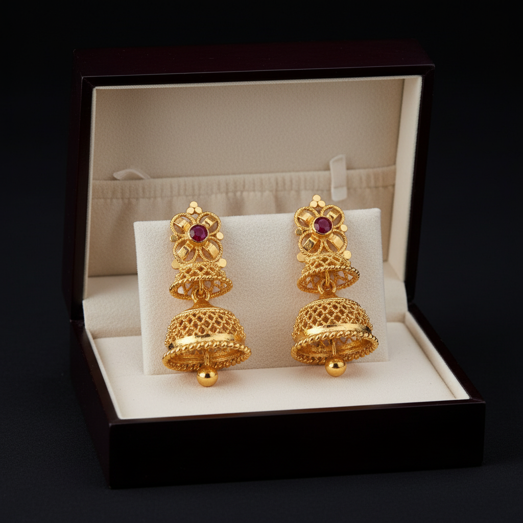 Double Jhumka Earrings in Jewelry Box