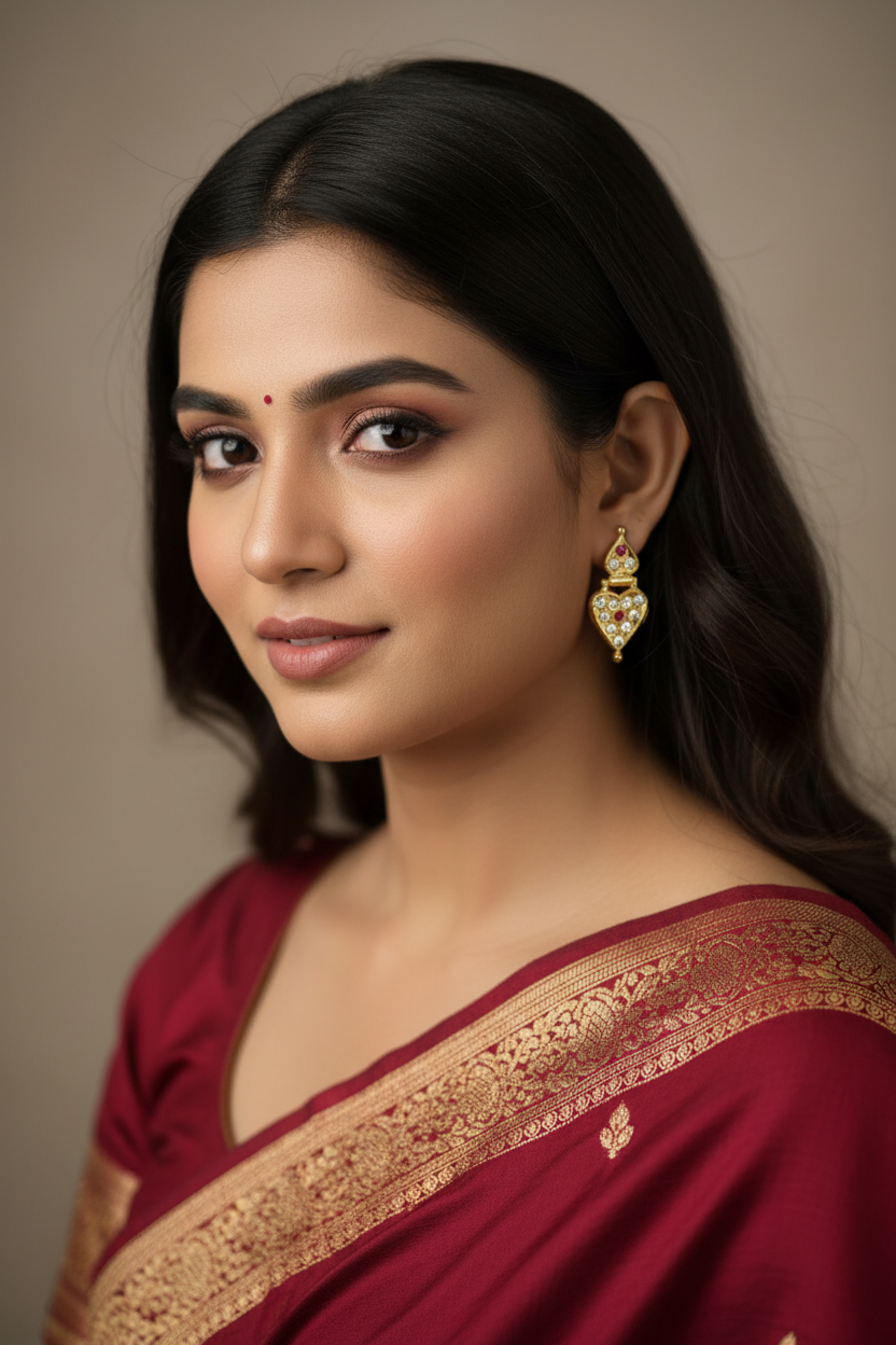 Girl in Traditional Dress Wearing Small Heart Earrings