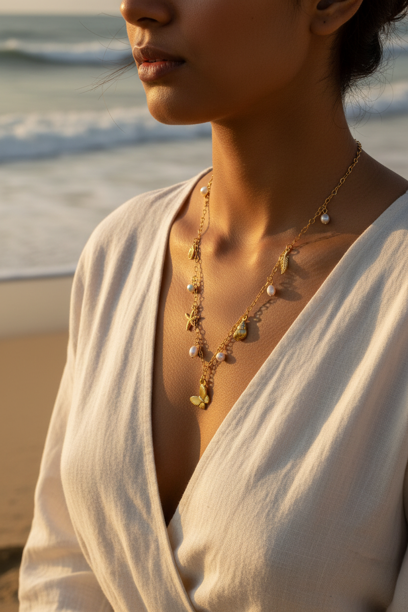 Girl on Beach Wearing Ocean Charm Necklace