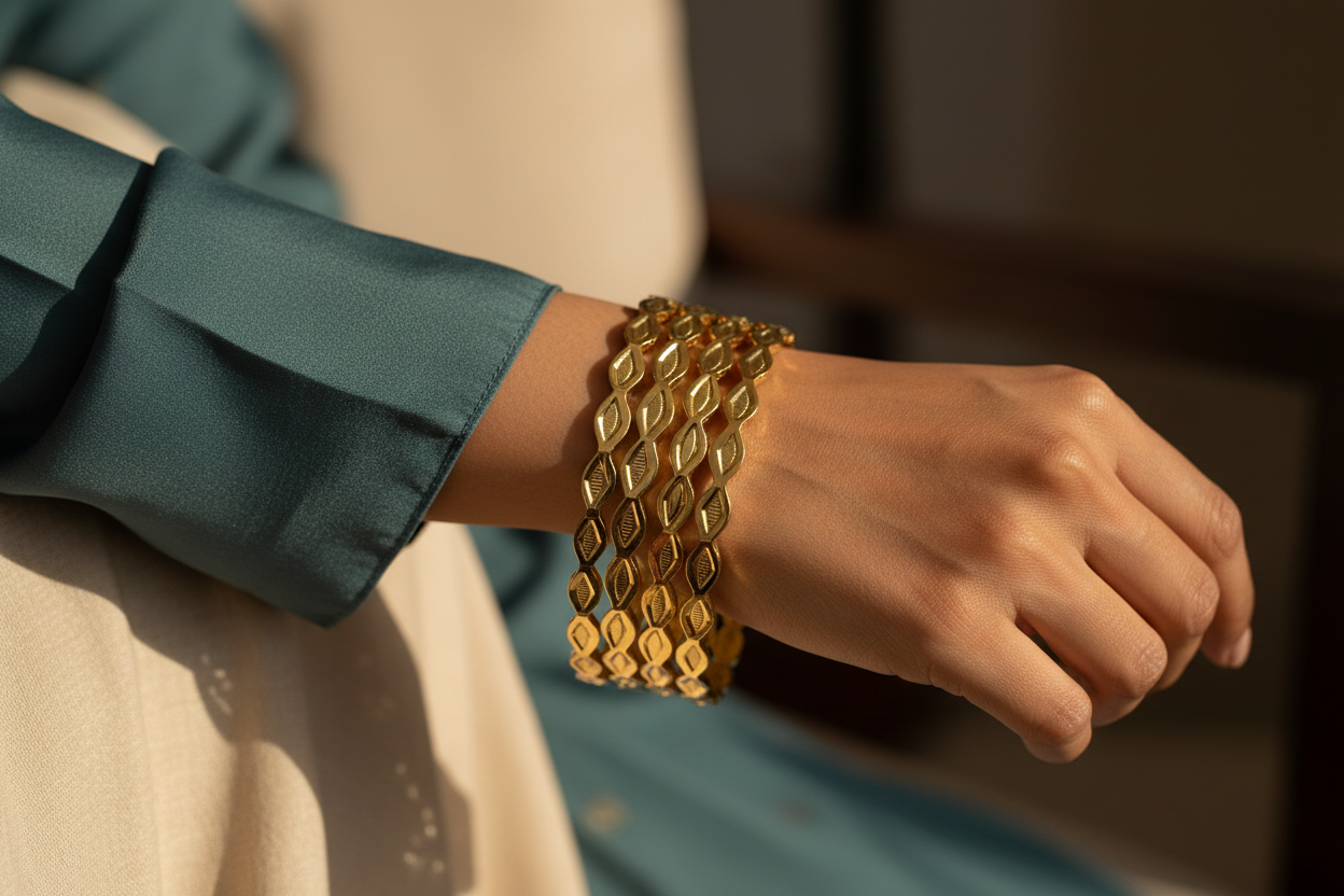 Girl Wearing Diamond Link Gold Bangles