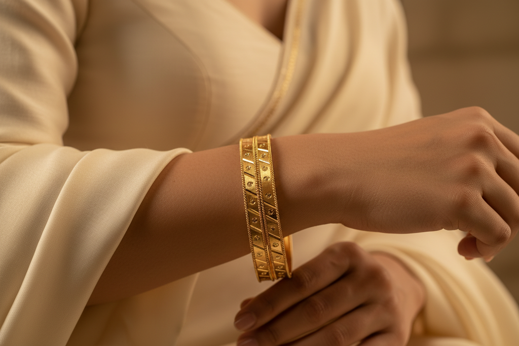 Girl Wearing Engraved Gold Bangles