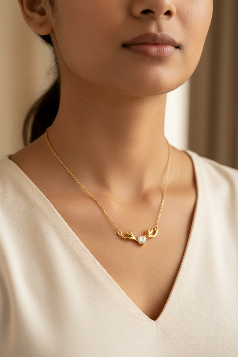 Girl Wearing Gold Antler Heart Necklace