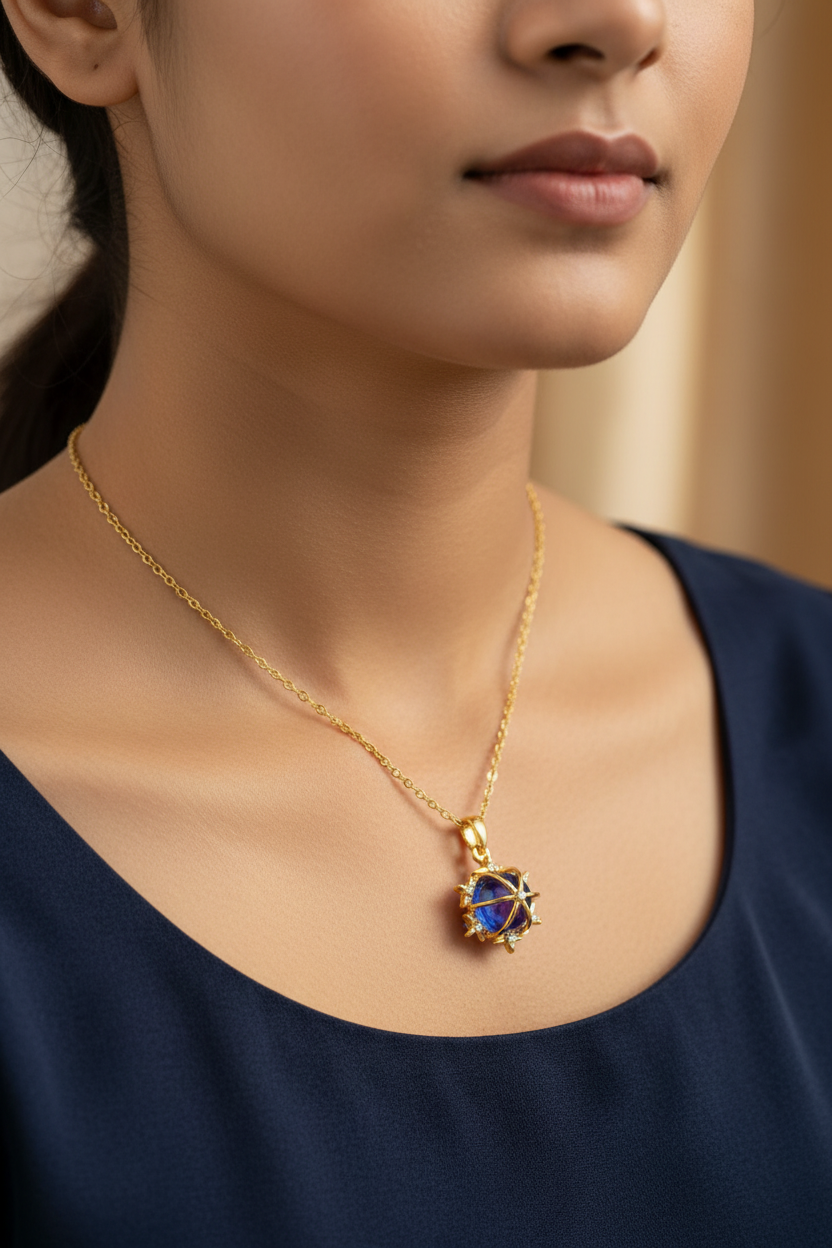 Girl Wearing Gold Celestial Orb Necklace
