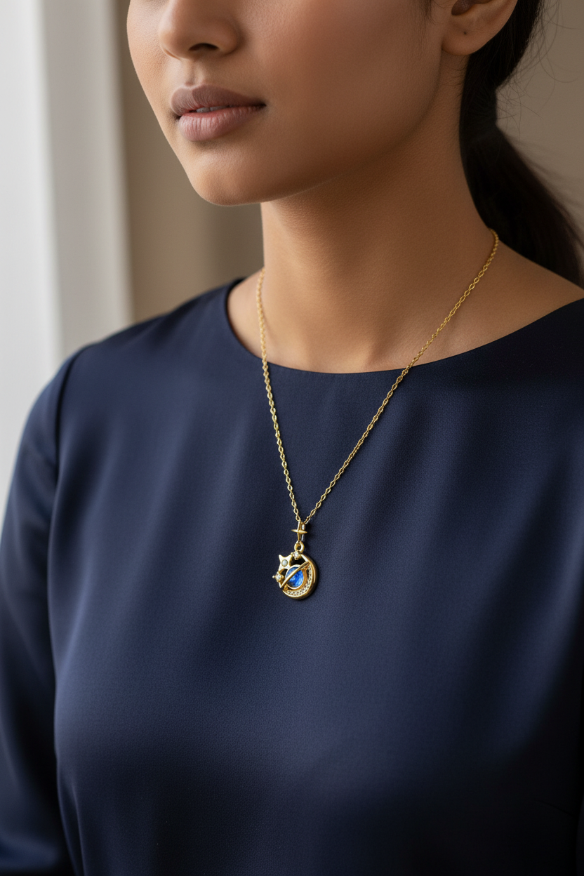 Girl Wearing Gold Galaxy Moon Necklace