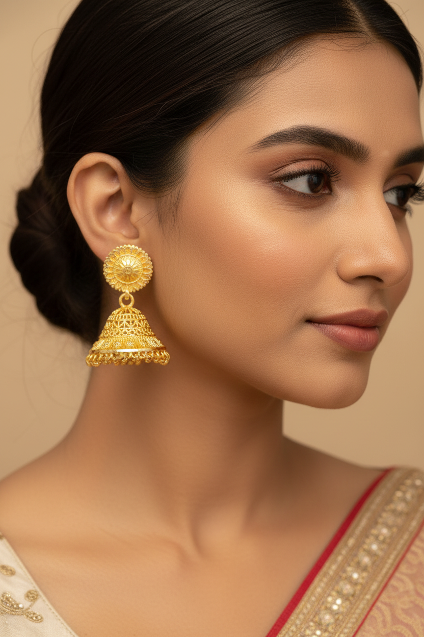 Girl Wearing Gold Jhumka Earrings