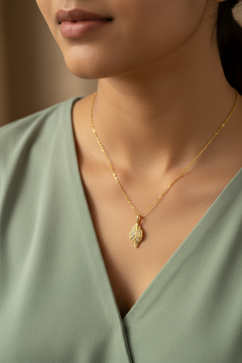 Girl Wearing Gold Leaf Crystal Necklace