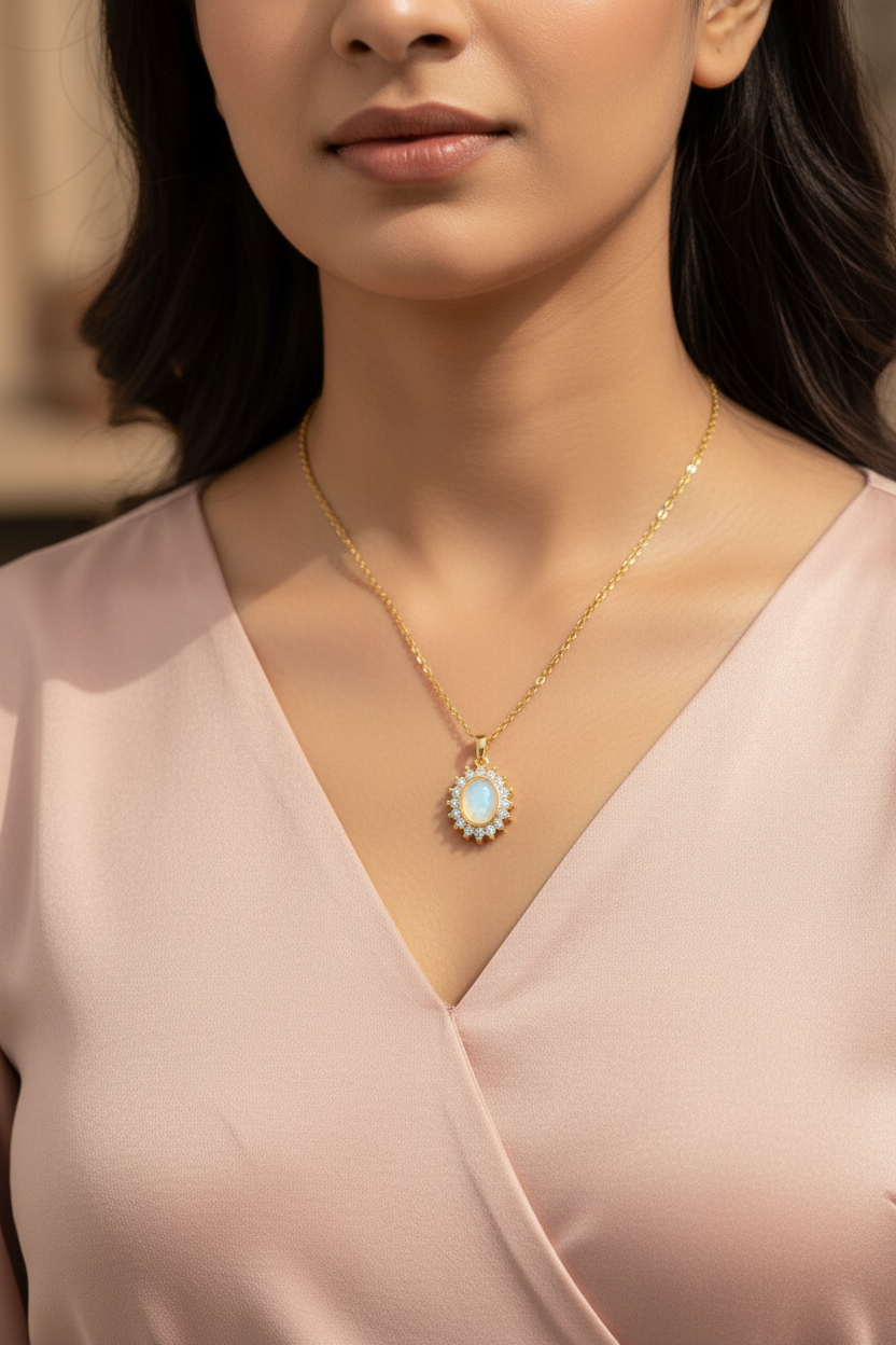 Girl Wearing Gold Opal Halo Necklace