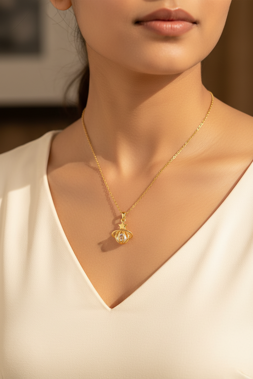 Girl Wearing Gold Planet Cage Crystal Necklace