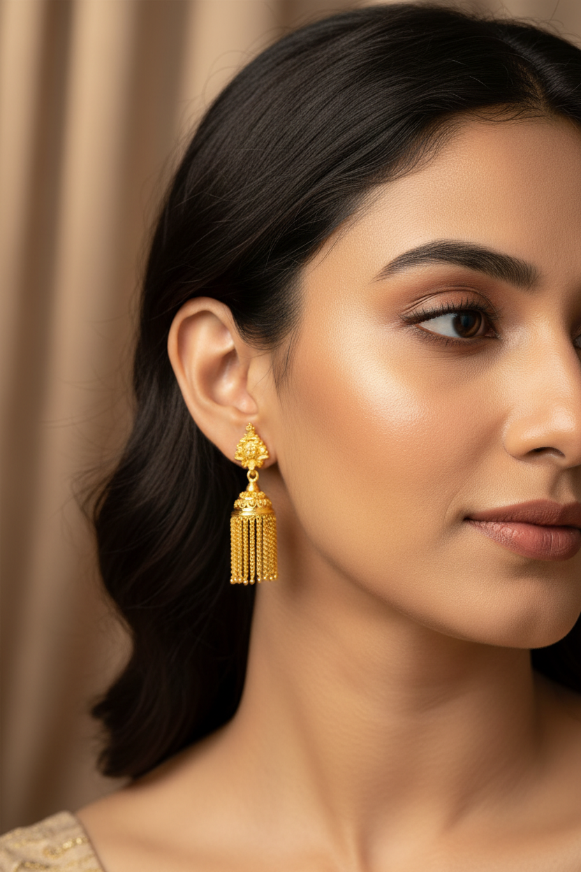 Girl Wearing Naturally Sized Gold Jhumka Earrings