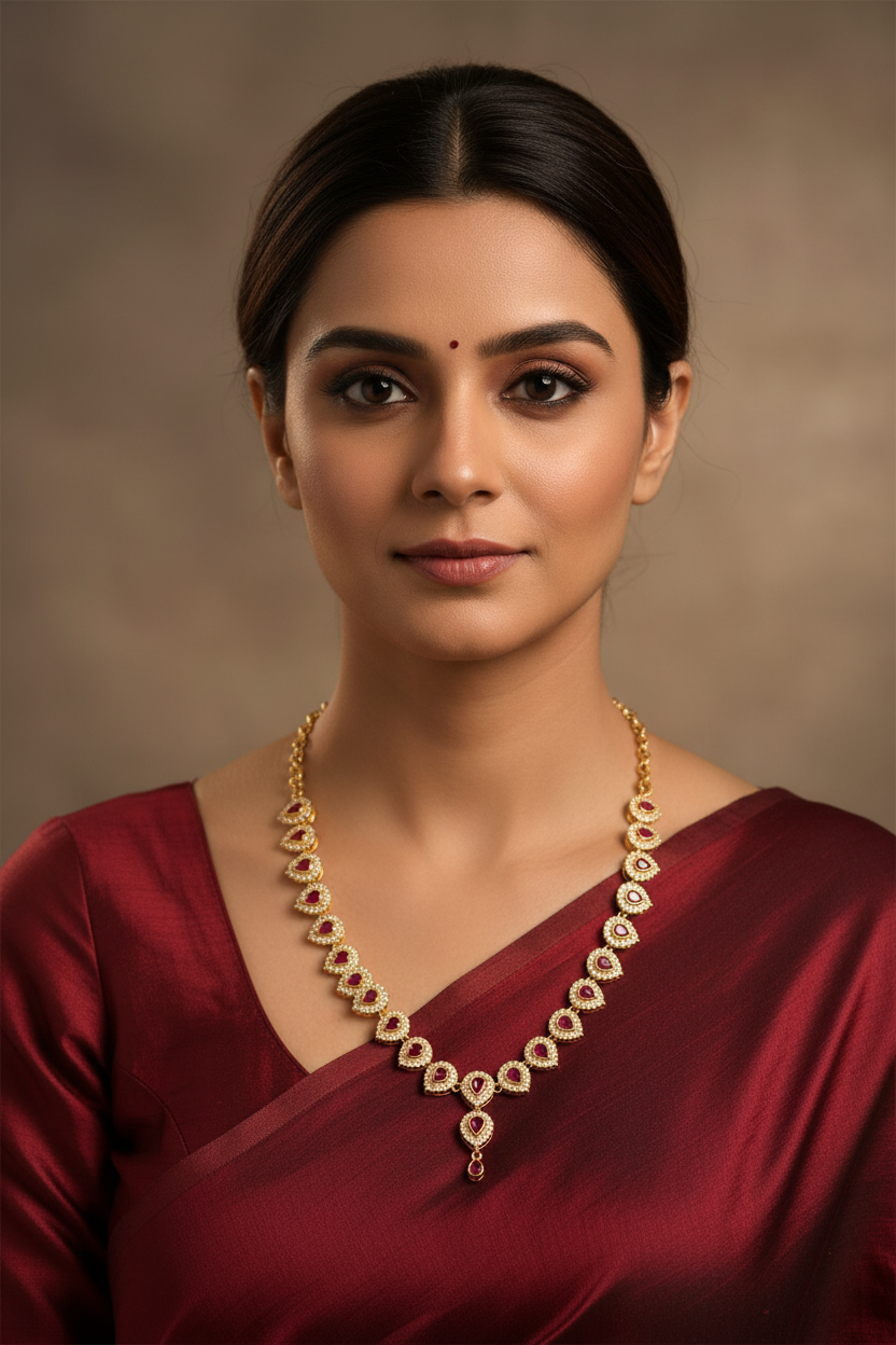 Girl Wearing Ruby CZ Heart Link Necklace