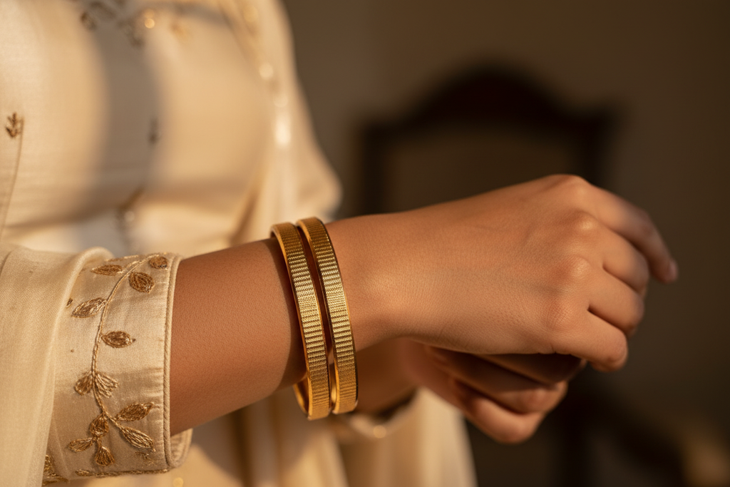 Girl Wearing Textured Gold Bangles