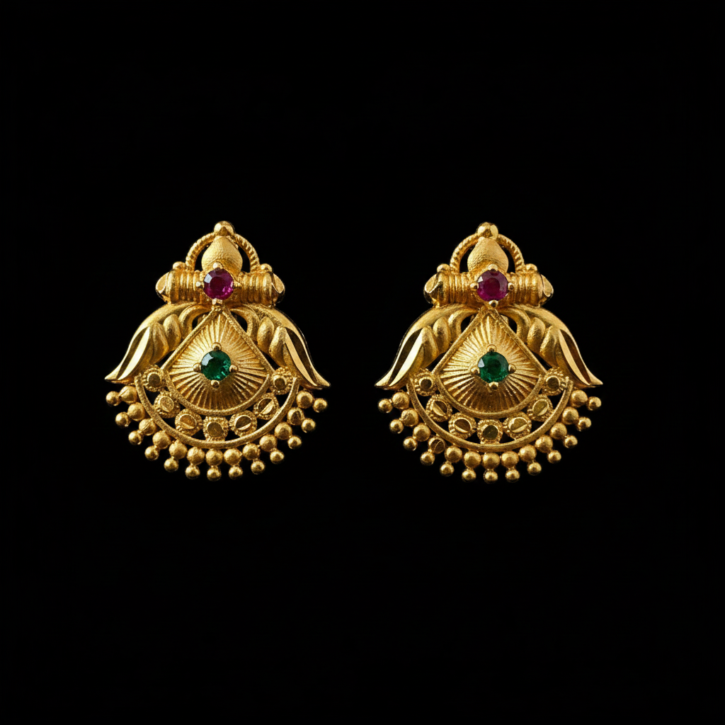 Gold Annapakshi fan earrings on black background