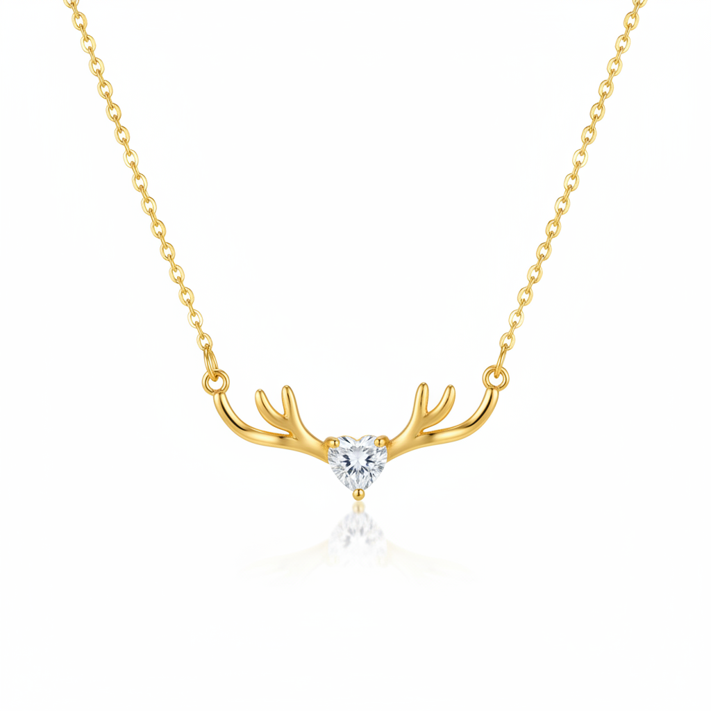 Gold Antler Heart Crystal Necklace