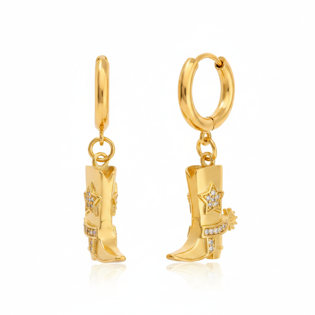 Gold Cowboy Boot Charm Hoop Earrings Pair