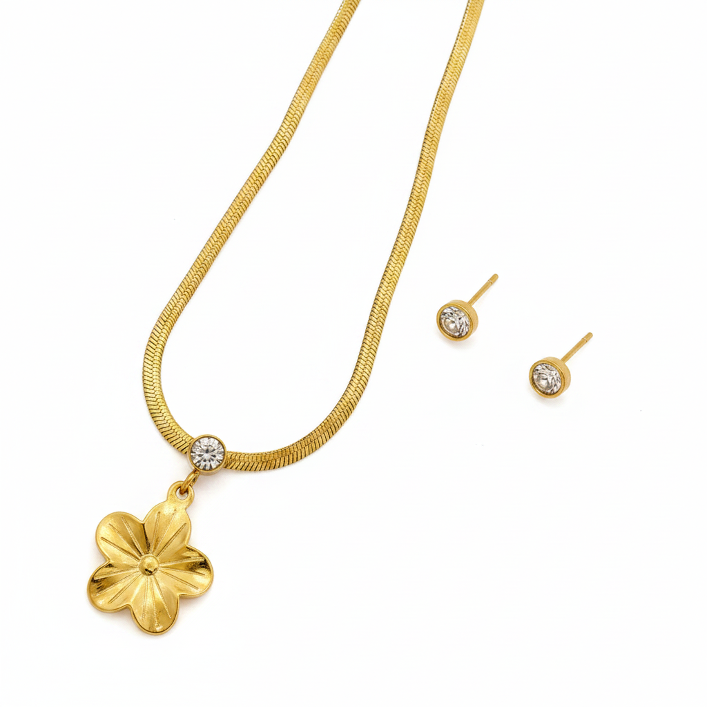 Gold Flower Necklace & Earrings Set on White Background