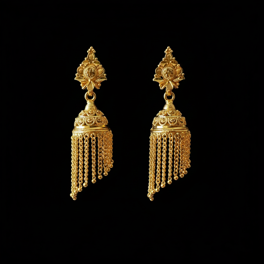 Gold Jhumka Earrings on Black Background