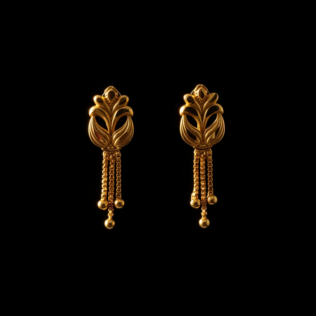 Gold Leaf Drop Earrings – Black Background