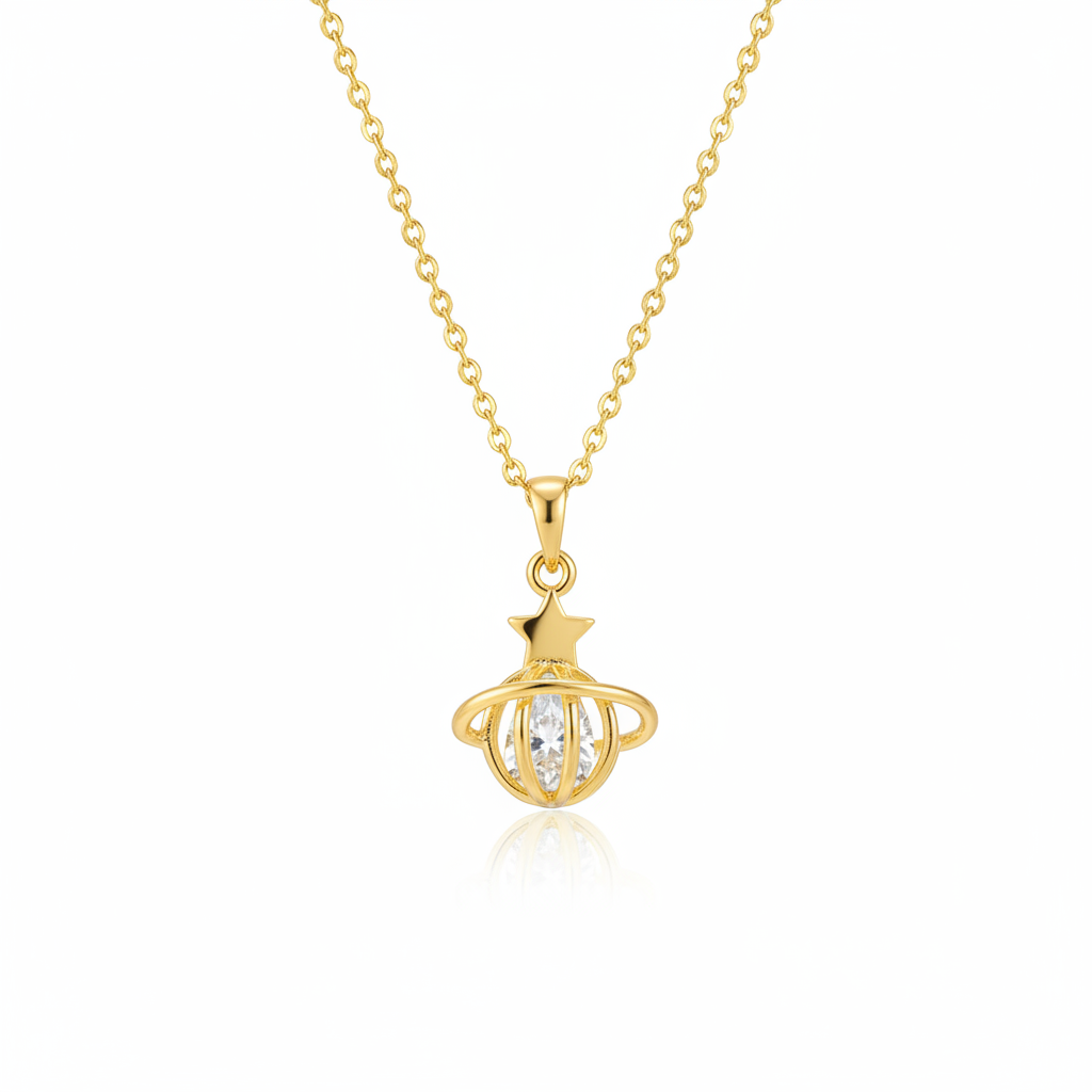 Gold Planet Cage Crystal Necklace Web View