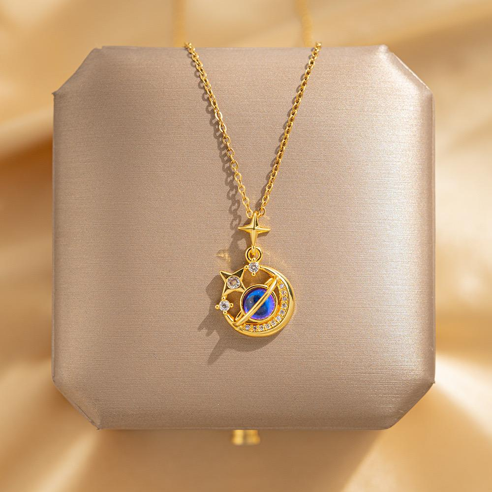 Anti Tarnish Gold Galaxy Moon & Star Necklace — Blue Planet Pendant