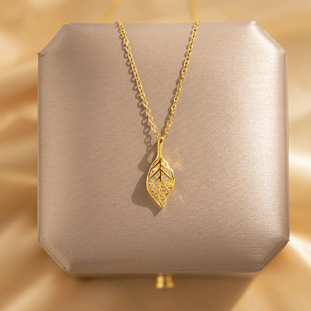 Anti tarnish Gold Plated Pavé Crystal Leaf Pendant Necklace