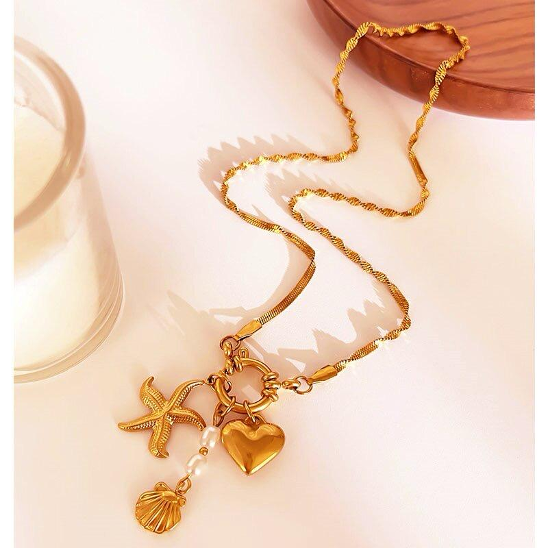 Anti tarnish Gold Plated  Ocean Charm Necklace — Starfish, Heart & Shell
