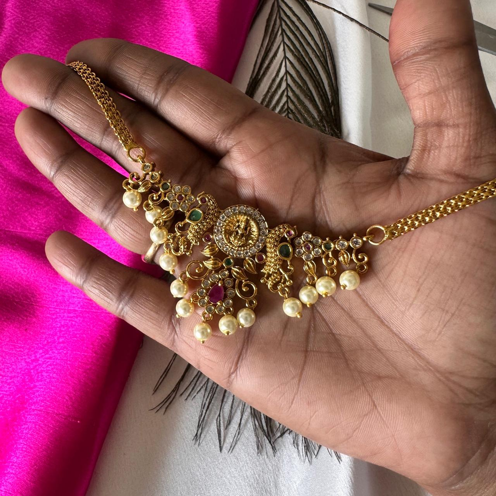 Antique Gold Finish Premium Quality Temple Necklace with Pearl Drops