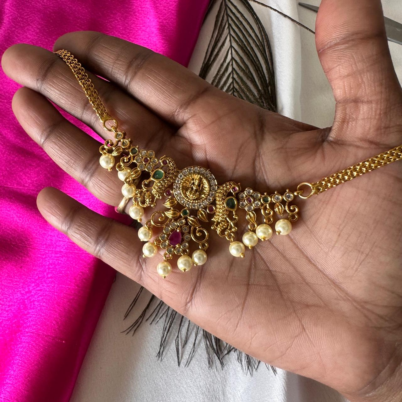 Antique Gold Finish Premium Quality Temple Necklace with Pearl Drops