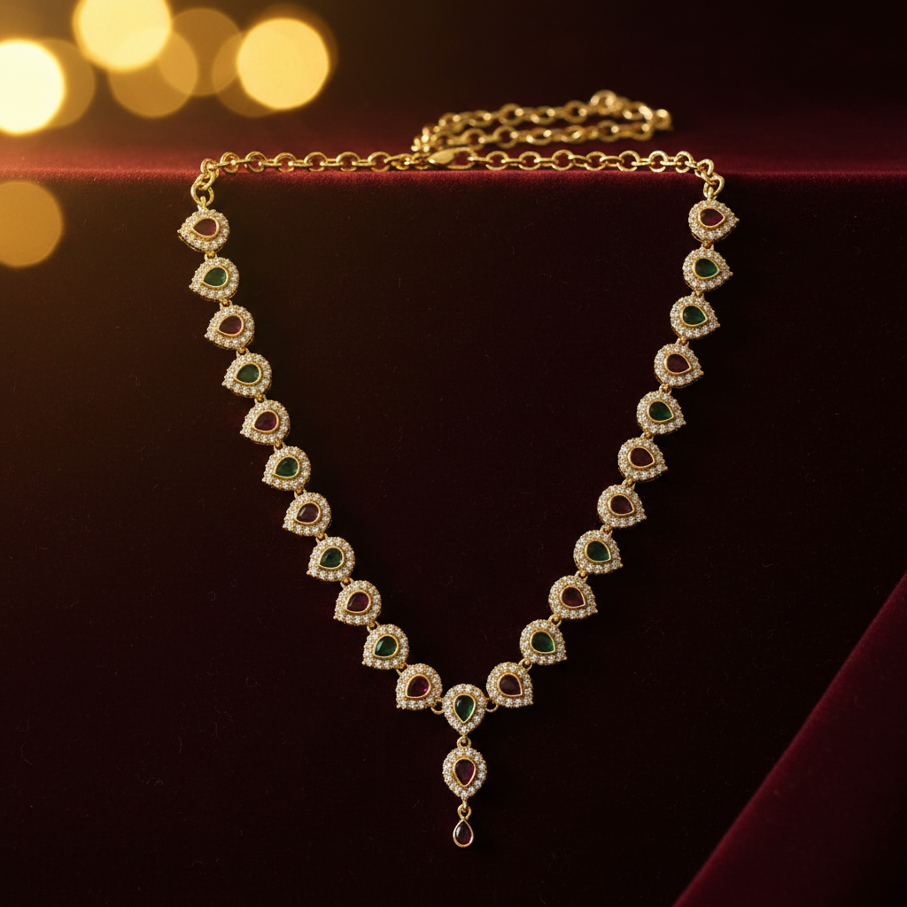 Ruby Emerald CZ Heart Link Necklace on burgundy velvet background