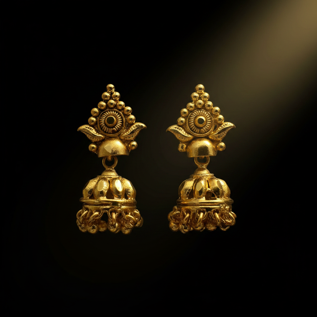 Gold temple jhumka earrings with floral bell dome on black background