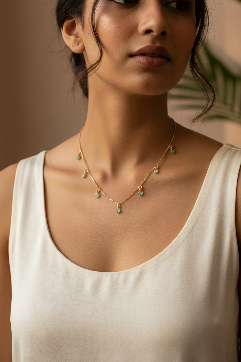 Young woman wearing micro gold plated heart charm chain necklace with mint green crystals