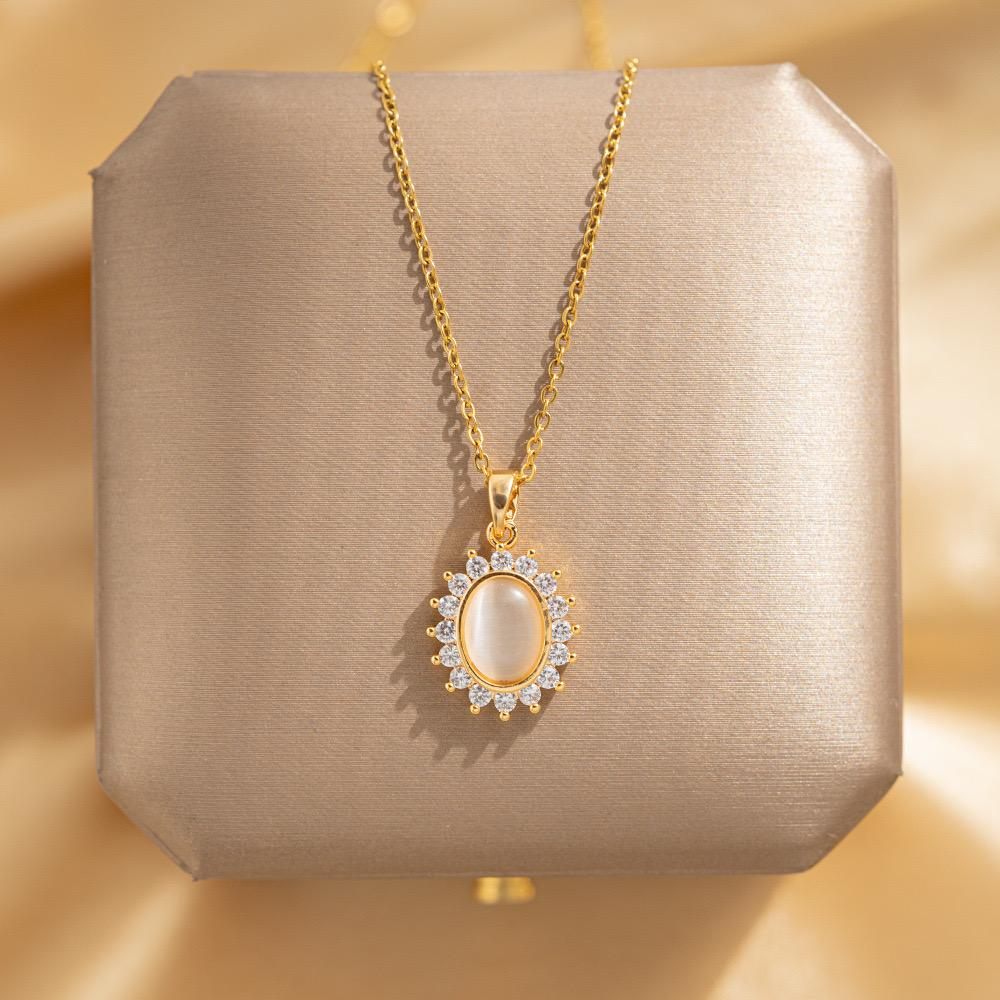Anti Tarnish Gold Plated Oval Opal Halo Pendant Necklace