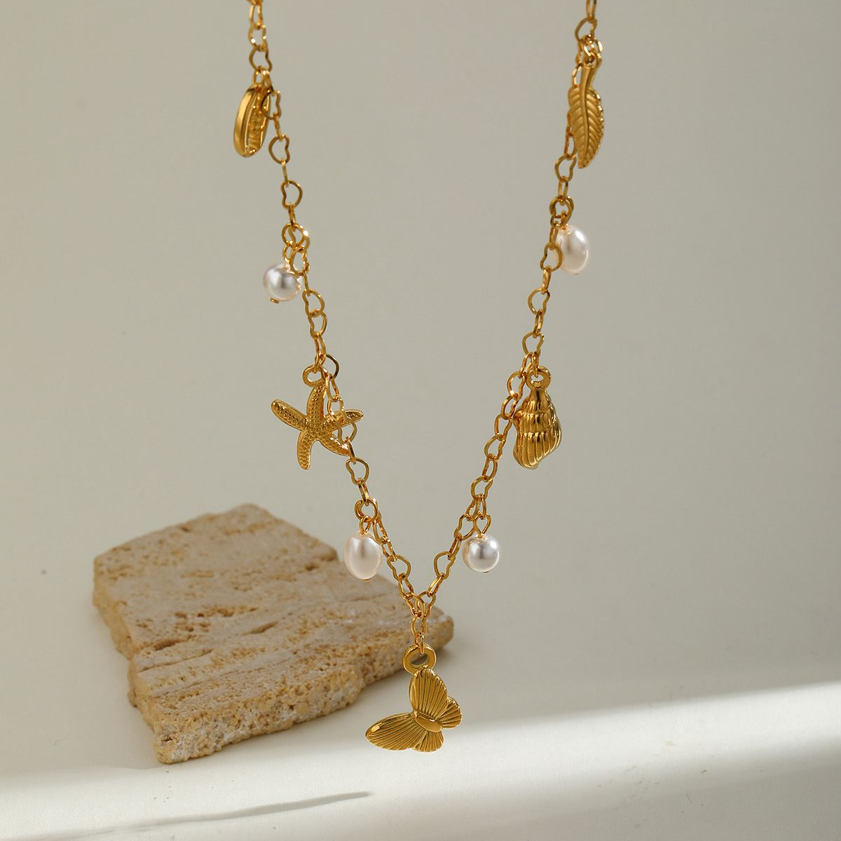 Gold Ocean Charm Necklace with Pearls — Anti-Tarnish