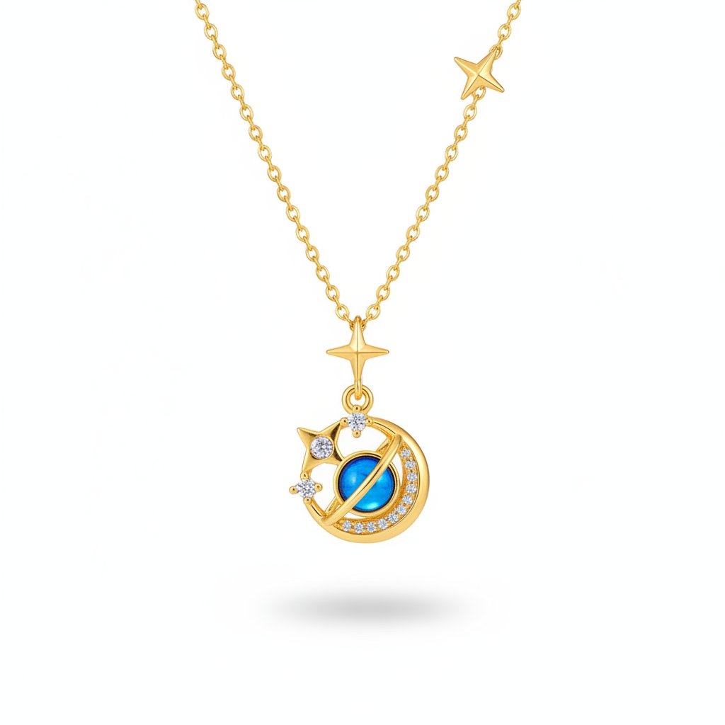 Gold galaxy moon and star necklace with blue planet pendant on white background